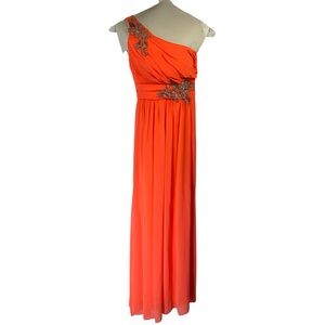 Jodi Kristopher One-Shoulder Coral Gown with Beaded Appliqué 1